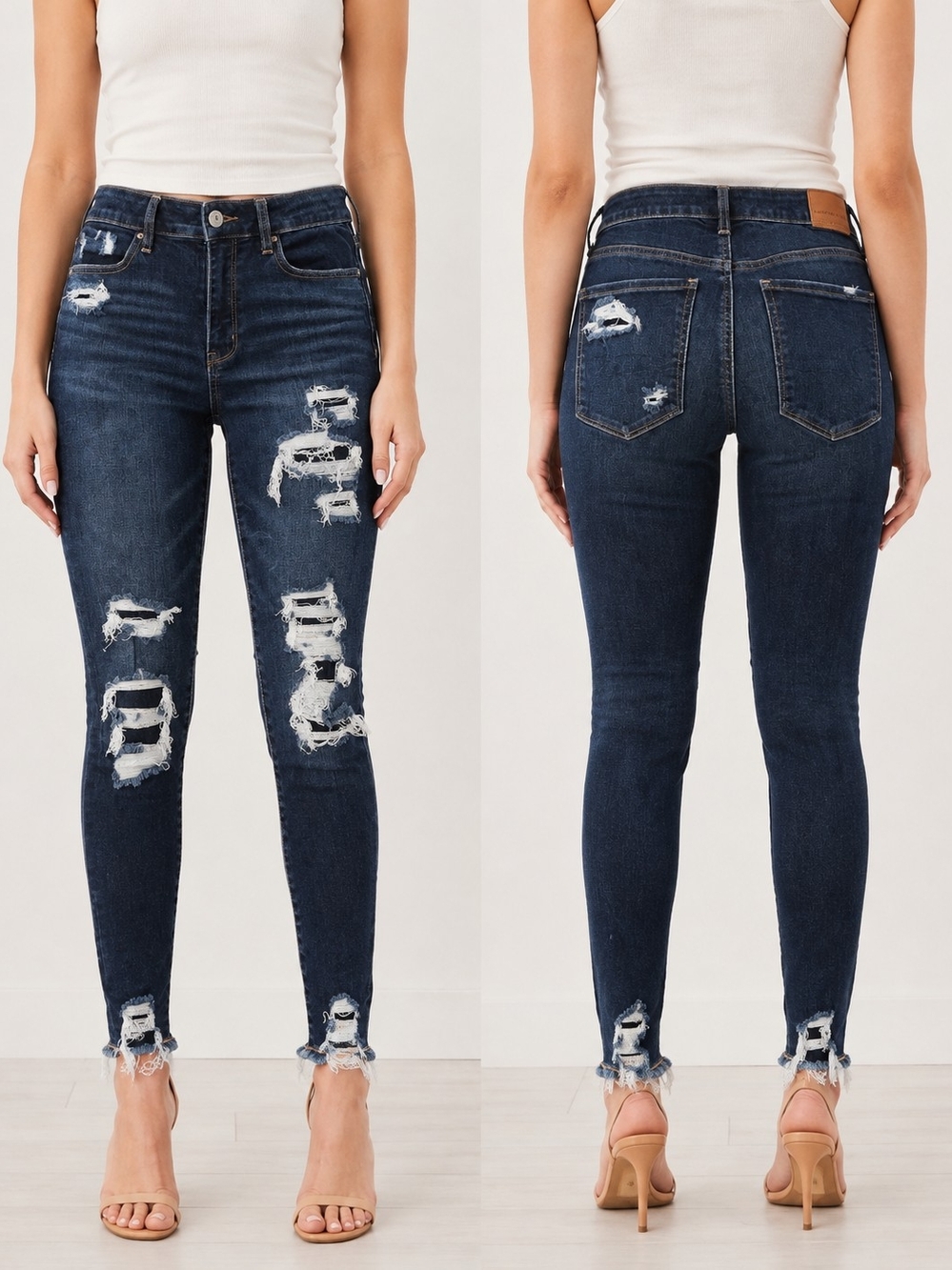 American Eagle Outfitters Dark Blue Distressed High-Rise Skinny Jeans